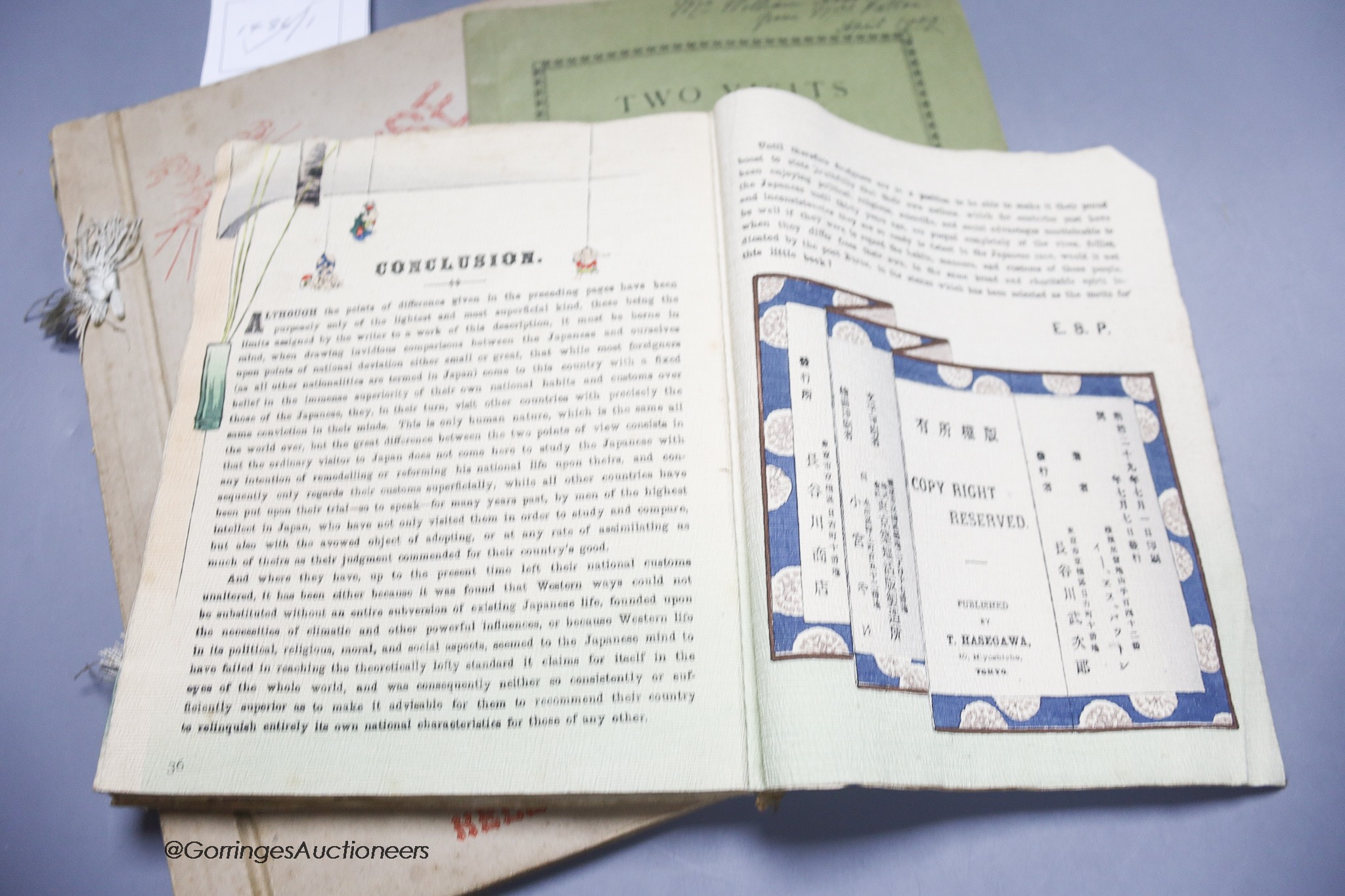 Patton, Emily S - Two Visits to the Island of Saghalien and the Gulf of Tartary, qto, pamphlet with limp covers, 30 pages, Yokohama, 1905; Patton, Emily S - Japanese Topsyturvy-dom, 8vo, 37 pages, Hasegawa Takejiro, Toky